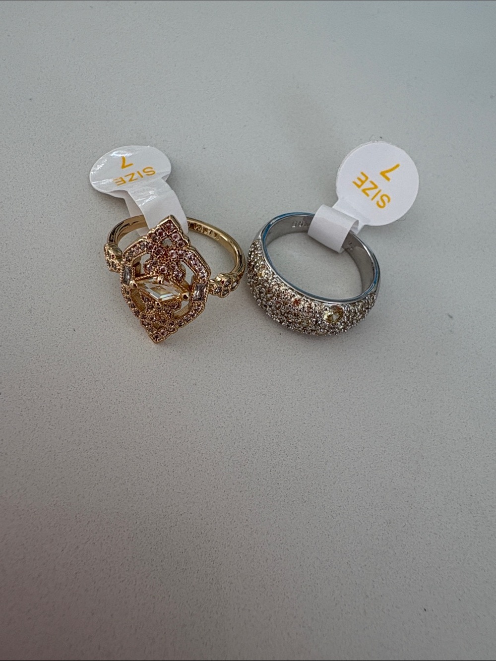 Gold Tone Filigree Crystal Ring and Silver Pavé Dome Ring - Size 7